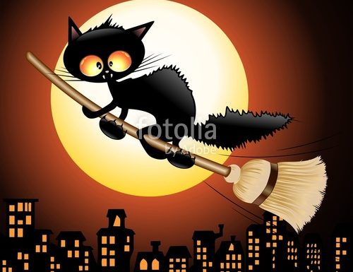 Fun Black Cat Cartoon riding a Broom